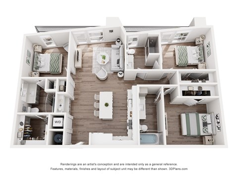 Floor plan for 3 beds, 3 baths, 1332 sqft